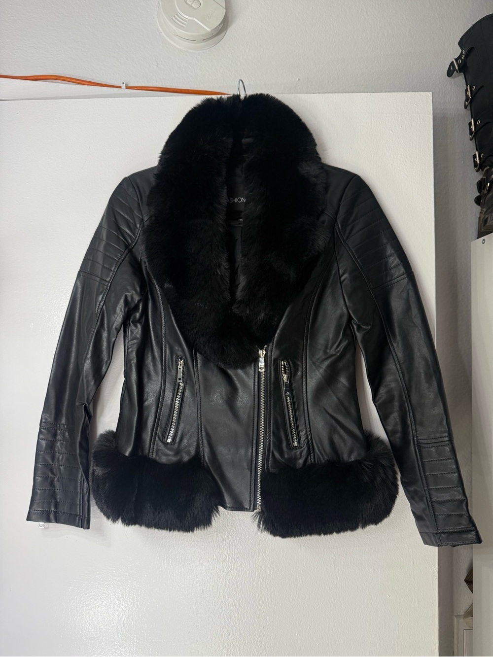 Black Faux Fur Trim Leather Jacket - Women